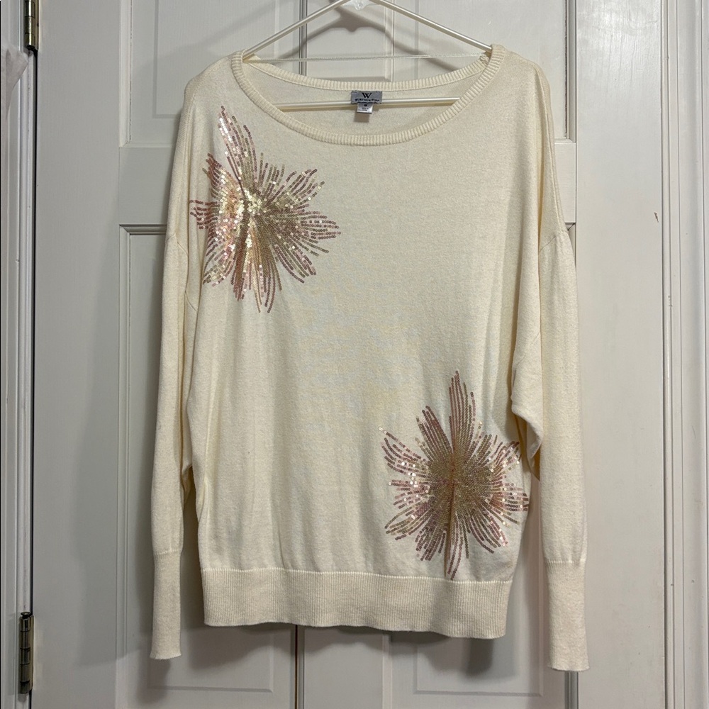 VTG Worthington Women’s L Rose Gold Floral Sequin Cream Sweater